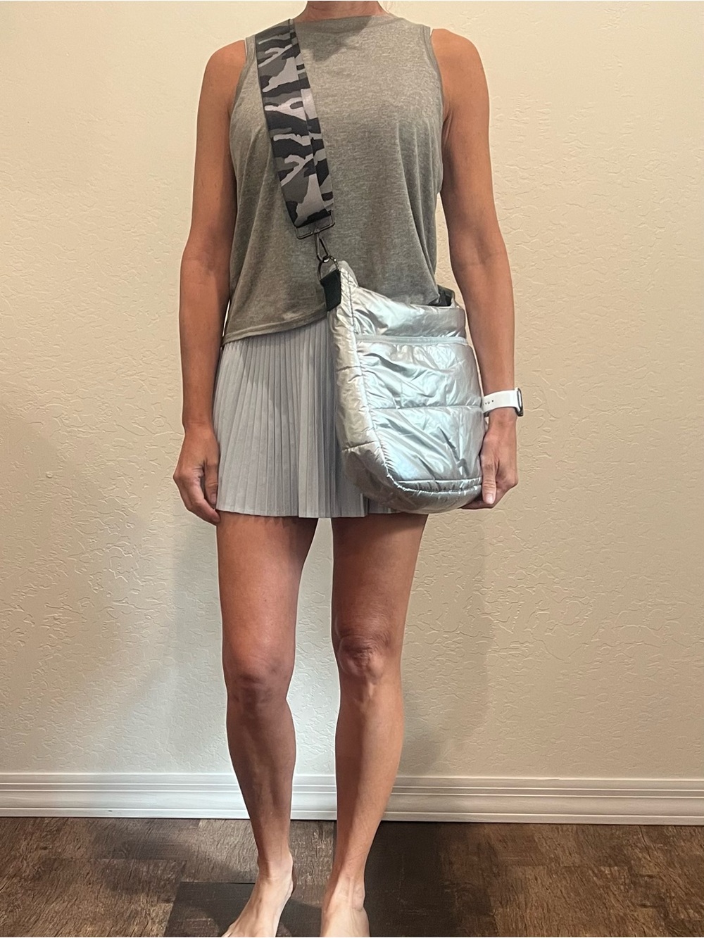 Haute Shore Metallic Silver Crossbody Bag with Camouflage Strap